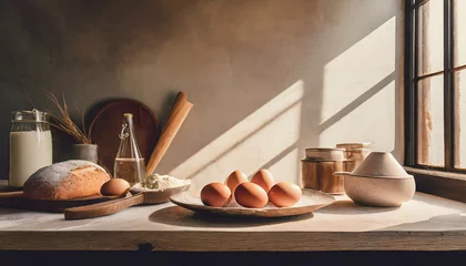 Tuinposter eggs, flour, and butter on wooden table for Baking homemade bread at cozy kitchen © YeoJung