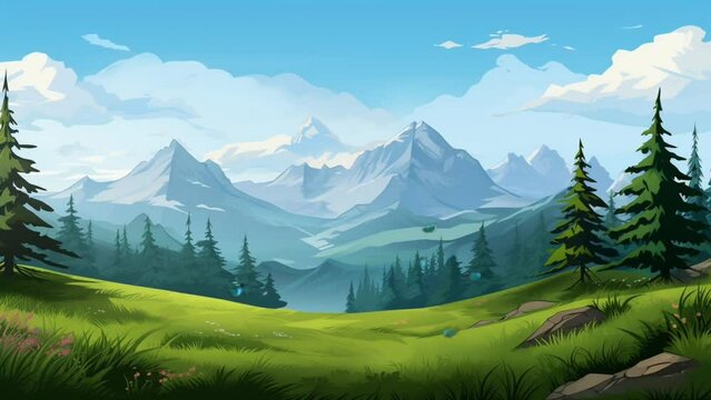 mysterious landscape of majestic mountains in summer and animals inside. Smooth looping video background animation, cartoon style. Generated with AI