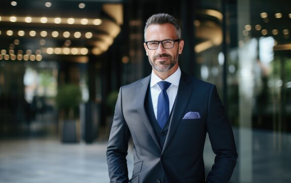 A handsome bank manager, dressed in a suit and with a background inside the bank, approaches you in a state of speaking
