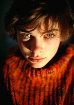 young woman red sweater looking professional portrait girl orange lighting large yellow eyes skinny caucasian man spherical lens year old boy model short straight hair