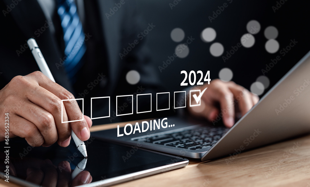 Poster Loading of Happy new year 2024 resolution planning and challenge strategy business in New year 2024 countdown merry christmas.