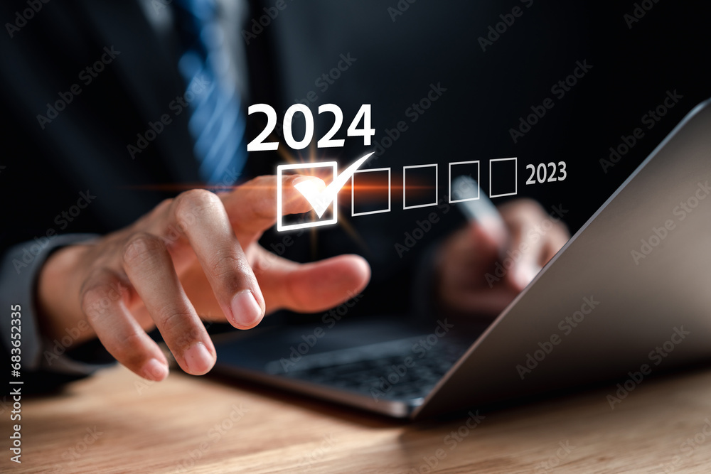 Aufkleber loading of happy new year 2024 resolution planning and challenge strategy business in new year 2024 