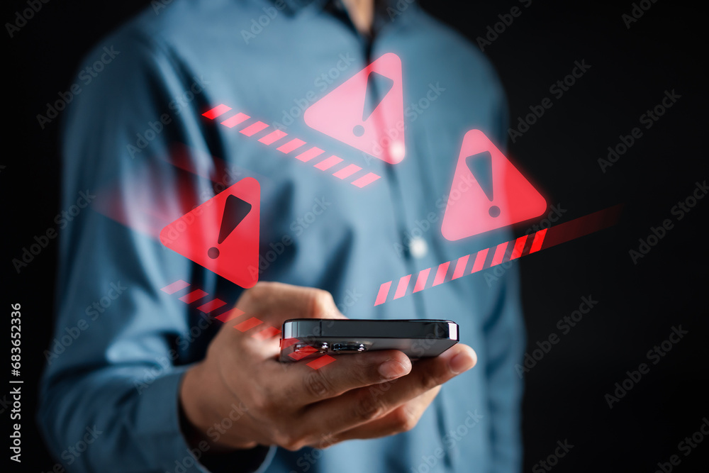 Poster System warning caution sign, scam virus attack on firewall for notification error and maintenance. Network security vulnerability, data breach, illegal connection and information danger.