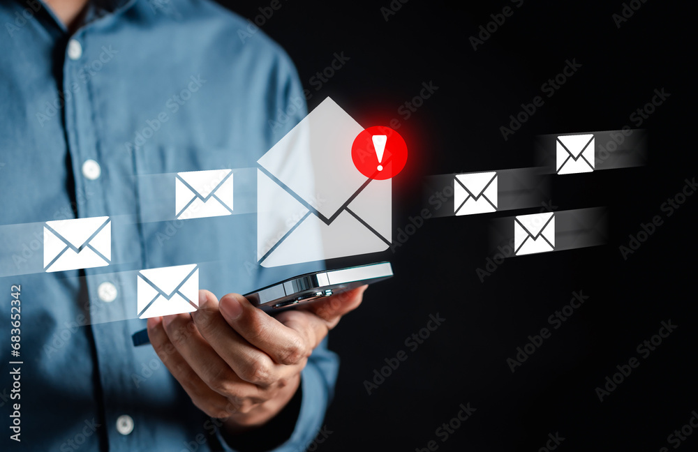 Poster Alert Email inbox and spam virus with warning caution for notification on internet letter security protect, junk and trash mail and compromised information.