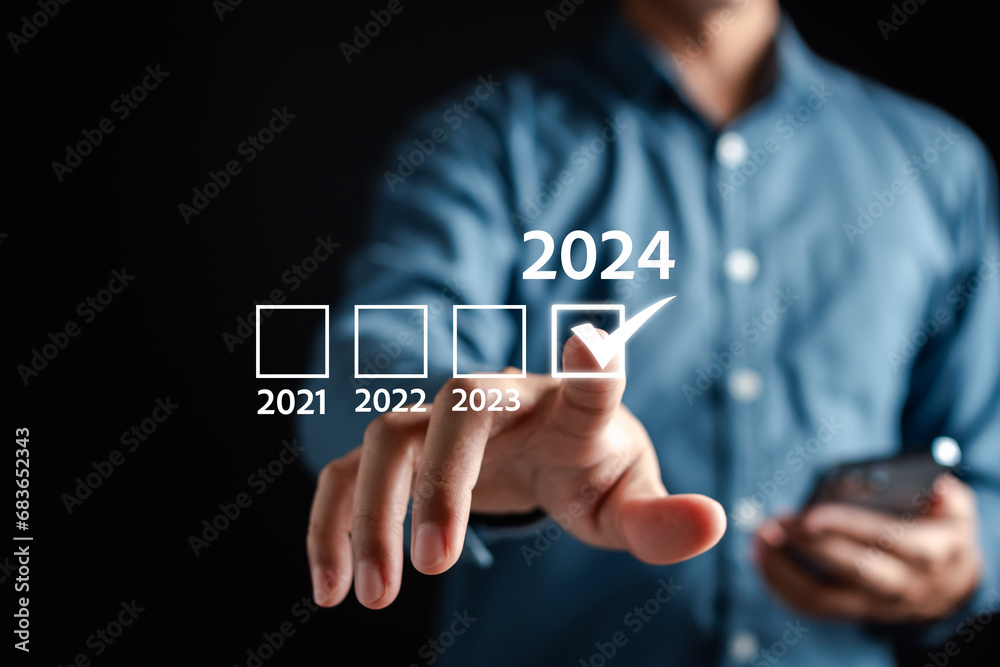Poster Loading of Happy new year 2024 resolution planning and challenge strategy business in New year 2024 countdown merry christmas.
