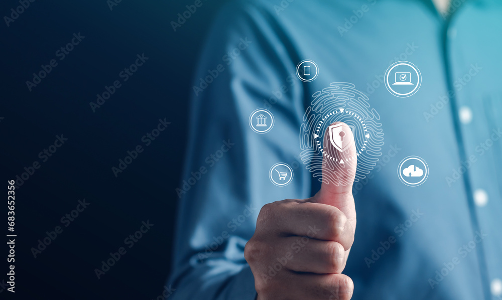 Fototapete Digital processing of biometric identification fingerprint scanner high security protection. security scanning of digital programs cyber futuristic applications.