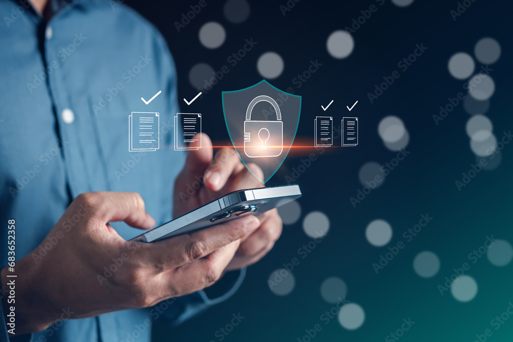 Aufkleber Document Safety and Security Protection System, document database file management and e-document online concept.