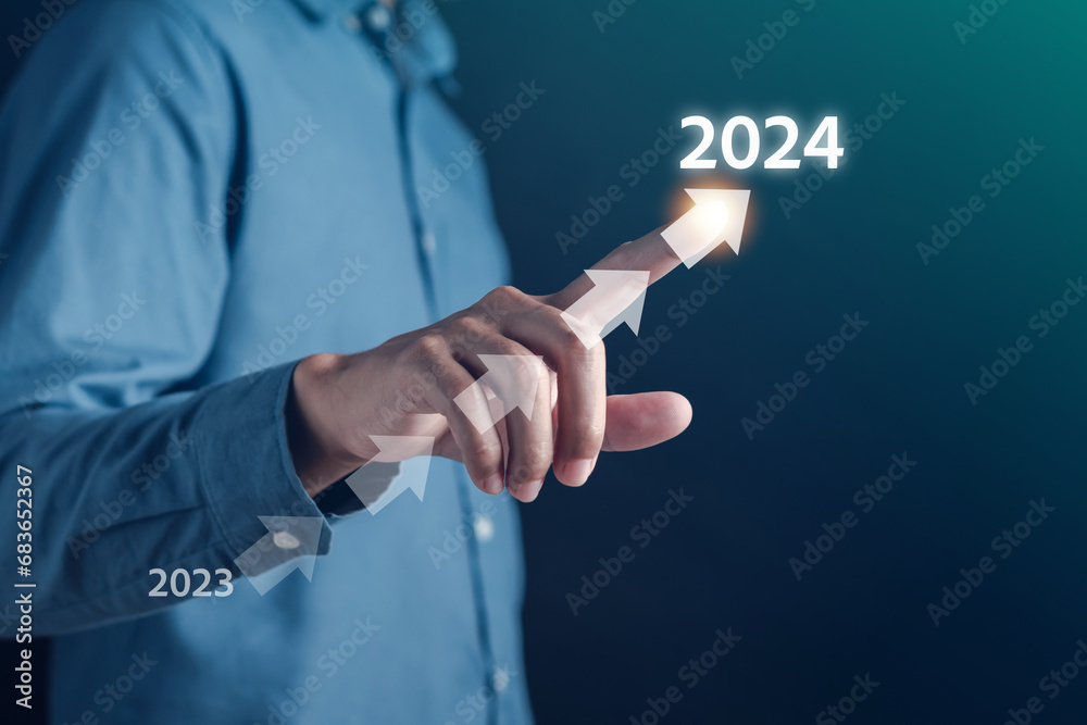 Poster forward to happy new year 2024 resolution planning and challenge strategy business in new year 2024 