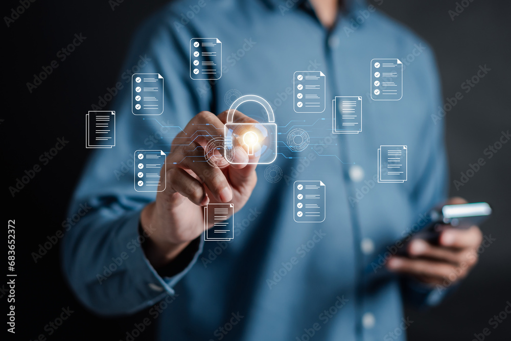 Fototapete Document Safety and Security Protection System, document database file management and e-document online concept.