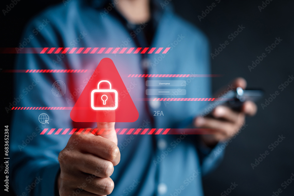 Poster System warning caution sign, scam virus attack on firewall for notification error and maintenance. Network security vulnerability, data breach, illegal connection and information danger.