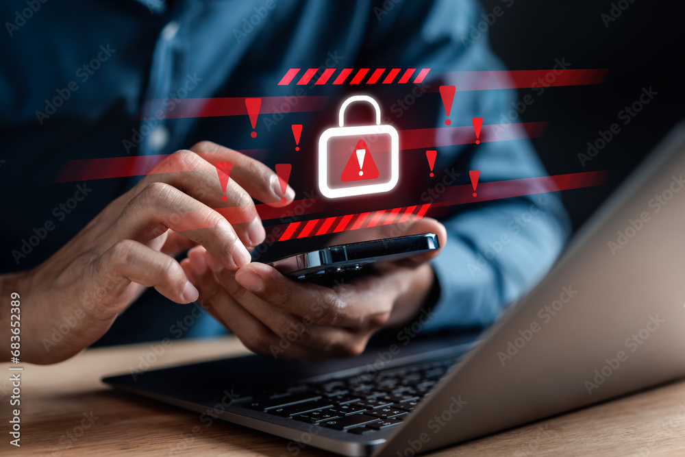Poster System warning caution sign, scam virus attack on firewall for notification error and maintenance. Network security vulnerability, data breach, illegal connection and information danger.