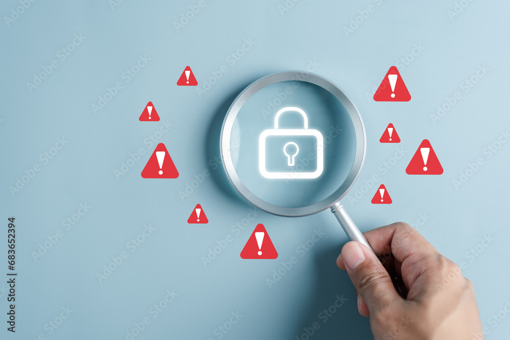 Poster System warning caution sign, scam virus attack on firewall for notification error and maintenance. Network security vulnerability, data breach, illegal connection and information danger.