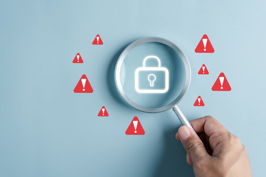 System warning caution sign, scam virus attack on firewall for notification error and maintenance. Network security vulnerability, data breach, illegal connection and information danger.