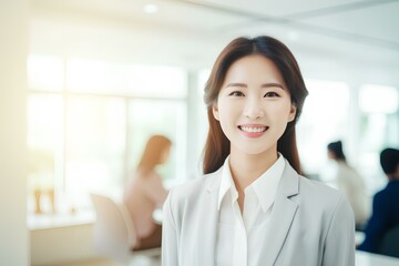 Happy Korea businesswoman professional leader standing in office. Smiling East Asian female employee, Korean woman manager, confident eastern entrepreneur at work. generative AI