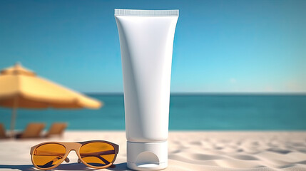 Blank empty white plastic tube. Sunscreen lotion on sandy beach, summer composition with sunglasses, blue sea as background, copy space. Summer vacation and skin care concept, spf uv-protect cosmetic.