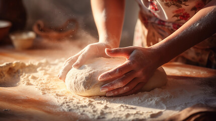 Close-up of baker's hands covered in flour kneading dough. Baker preparing dough for baking. - Powered by Adobe