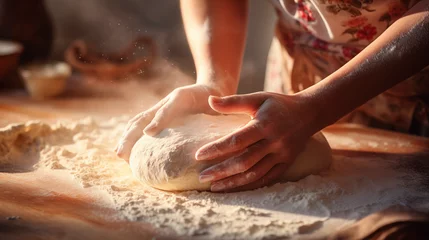 Foto op Plexiglas Close-up of baker's hands covered in flour kneading dough. Baker preparing dough for baking. © Roxy jr.