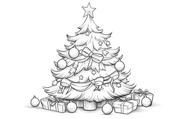 Christmas tree on white background, illustration. Coloring page. Generative AI