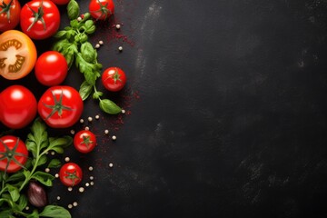 Food background. Top view of tomato, herbs and spices on rustic black slate. Generative AI