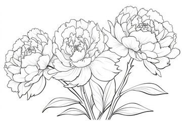 Peony Flowers on white background, illustration. Coloring page. Generative AI
