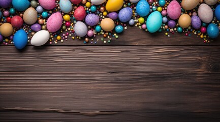 Fototapeta na wymiar Colorful easter eggs decorated on wooden background. Generative AI