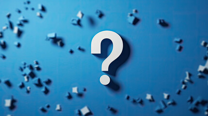 Question mark symbol for FAQ, information, problem and solution concepts. Quiz, test, survey, interrogation, support, knowledge, decision. Minimalist design with icon cutout paper and blue background. - obrazy, fototapety, plakaty