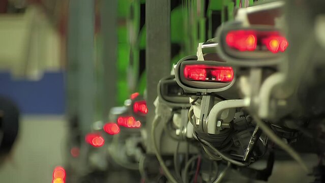 Red lights on traceability readers on an industrial fruit packaging line