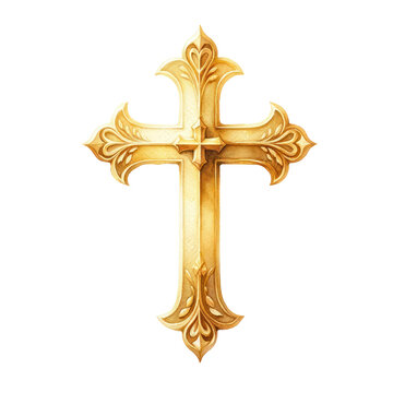 Golden Cross in realistic watercolor  style with transparent background High Quality PNG  4000 x 4000 