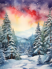 Fototapeta na wymiar Serene Winter Scene in Illustrative Watercolor Style