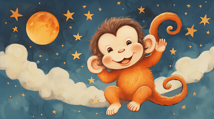 Obraz na płótnie Canvas Smiling monkey baby come in bad, stars and moon, tangerine. Animal in the jungle