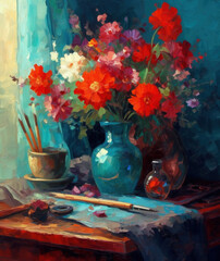 Dark Turquoise And Red Flower Vase Liquid Art Oil Painting Background