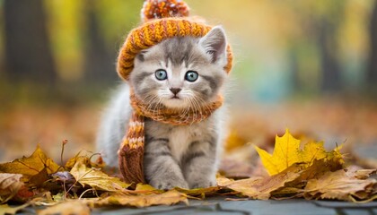 Fototapeta premium Cute kitten walks in the autumn garden