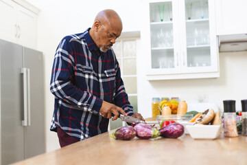 African american senior man preparing vegetables, chopping onions in kitchen