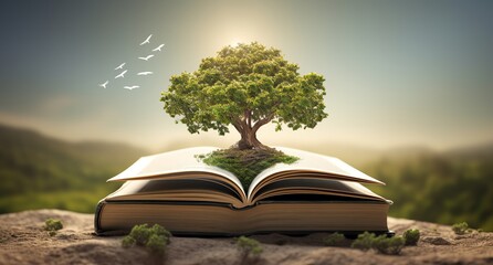 a tree on the top of books, in the style of nature and education