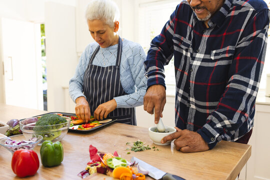 Diverse senior couple preparing healthy meal with vegetables in kitchen