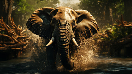 Wildlife photo of the dangerous elephant attack in a deep forest