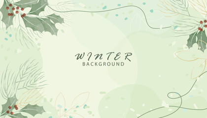 Fototapeta na wymiar Watercolor winter background design, Flower and botanical leaves watercolor hand drawing. Abstract art wallpaper design for wall arts, wedding and greetings card.
