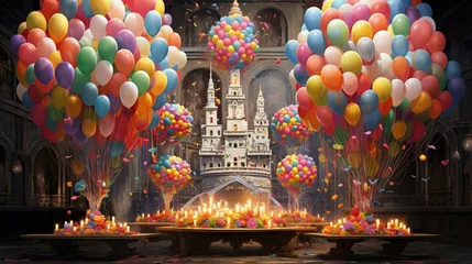 Fotobehang A towering confection adorned with vibrant balloons and shimmering candles, exuding joy and celebration. © Imran_Art
