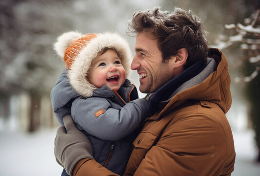 Father and baby laughing in winter park, Ai generated Images