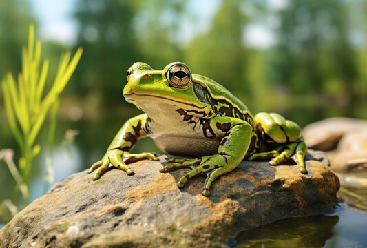 close up Frog resting on lake rocks with green leaves, Ai Generated Images