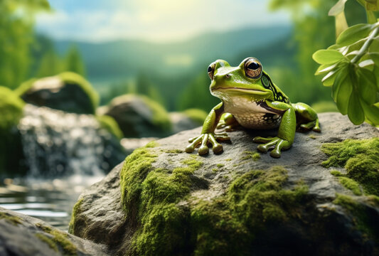 close up Frog resting on lake rocks with green leaves, Ai Generated Images