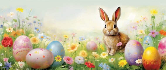 Easter bunny with colorful eggs on the meadow with flowers.