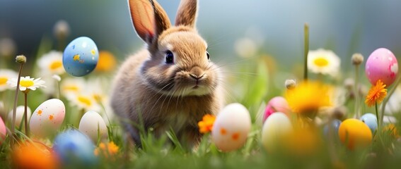 Easter bunny with colorful eggs on the meadow with flowers.