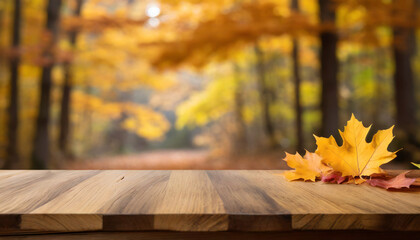 Naklejka na ściany i meble Maple Elegance: Wooden Table Framed by Autumn's Embrace