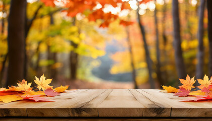 Naklejka na ściany i meble Autumn Whispers: Blurred Maple Leaves on Wooden Canvas