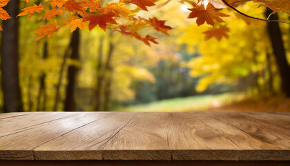 Naklejka na ściany i meble Autumnal Ambiance: Wooden Table Amidst Fall's Splendor