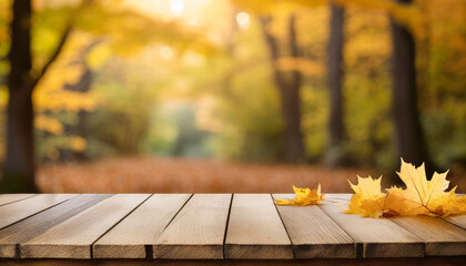 Naklejka na ściany i meble Wooden Whispers: Autumn Leaves in a Blurred Backdrop