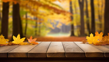 Naklejka na ściany i meble Fall Foliage Elegance: Wooden Table in Enchanting Autumn