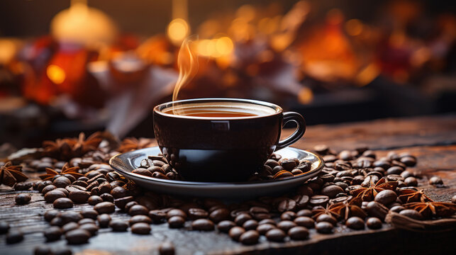 Freshly Roasted and Brewed Coffee With a Coffee Cup on a Table Background Selective Focus