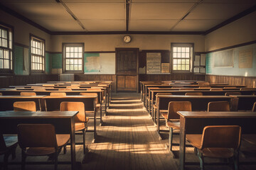 Vintage lecture chairs in empty classroom for Teacher's Day concept with Generative AI.